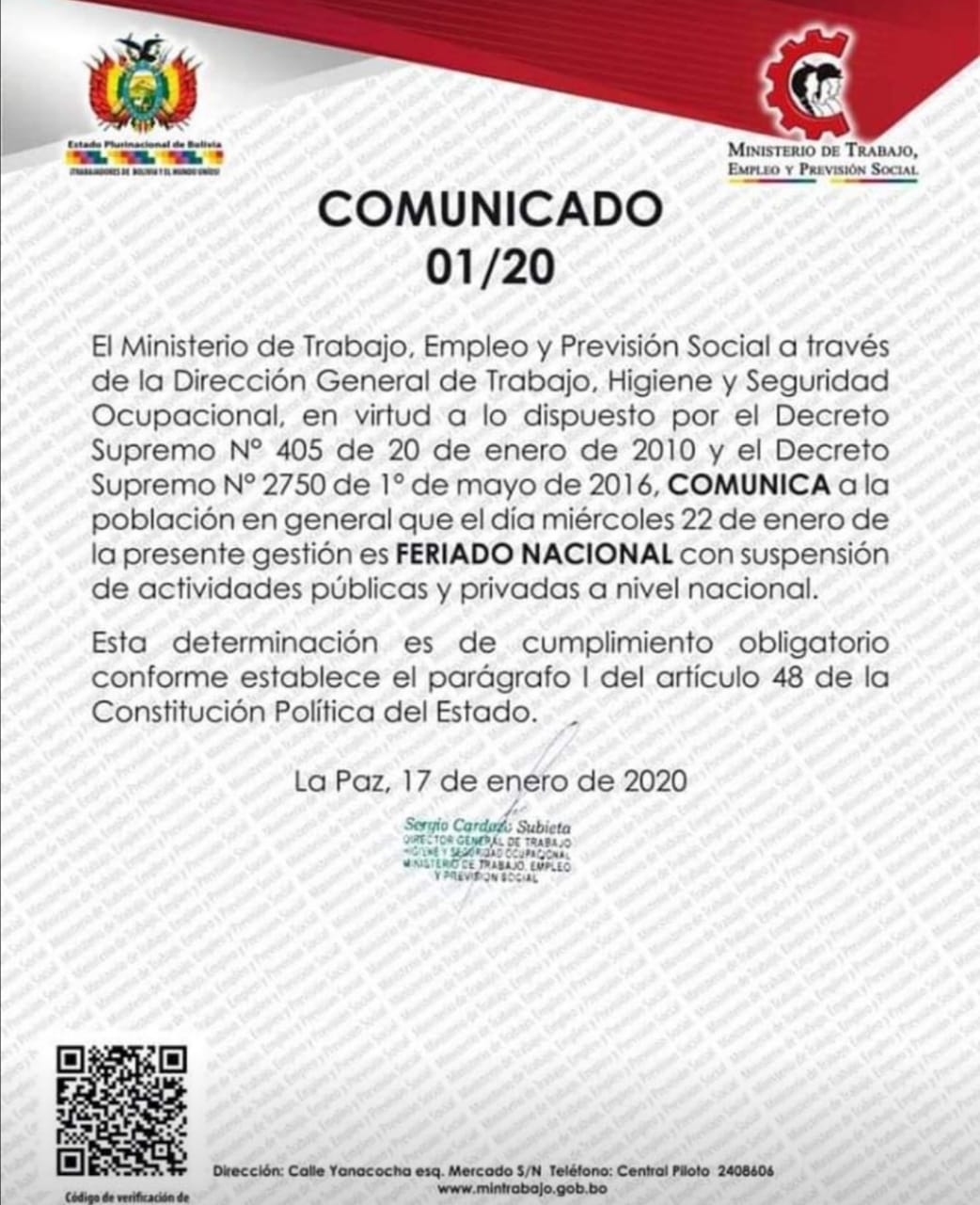 Ministerio de Trabajo dispone feriado nacional el 22 de enero Urgentebo